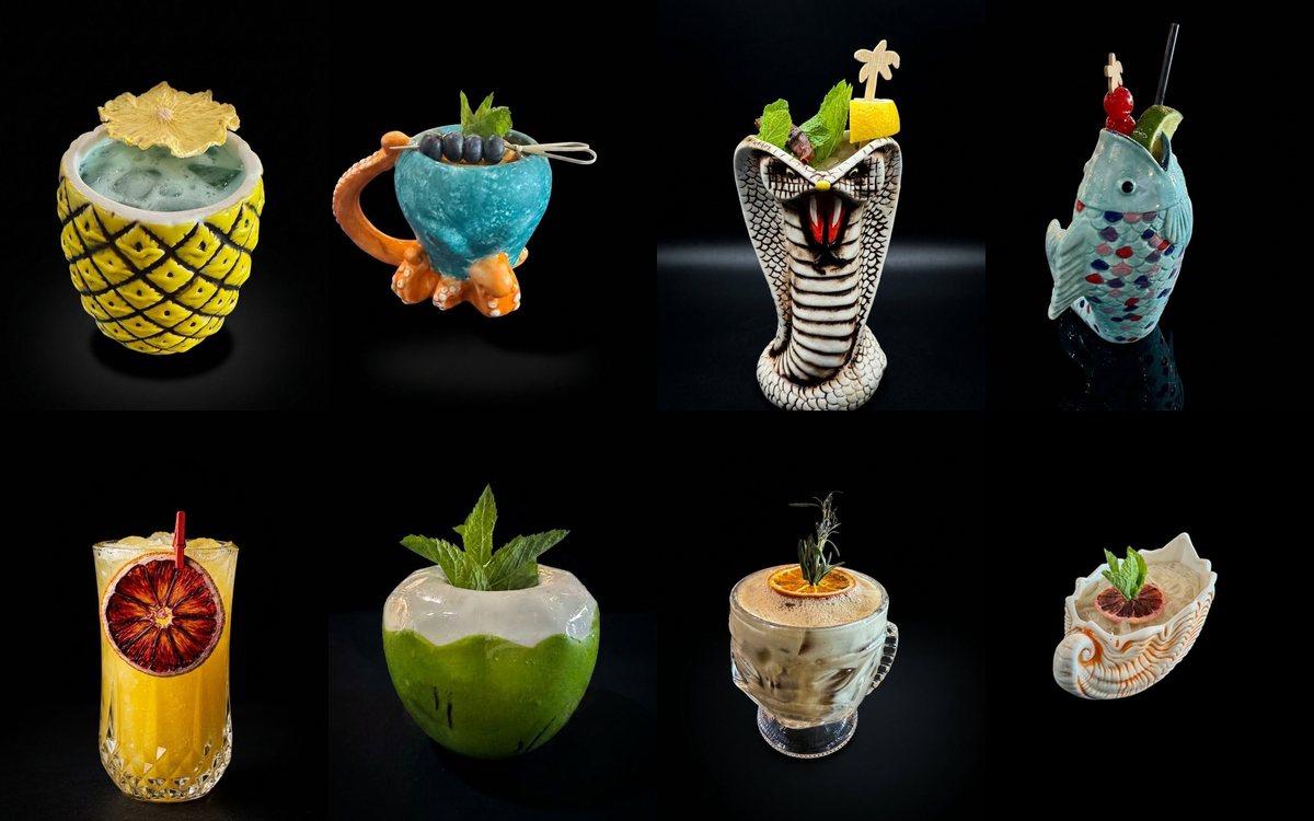 Collage of the eight signature drinks at Playa Grande