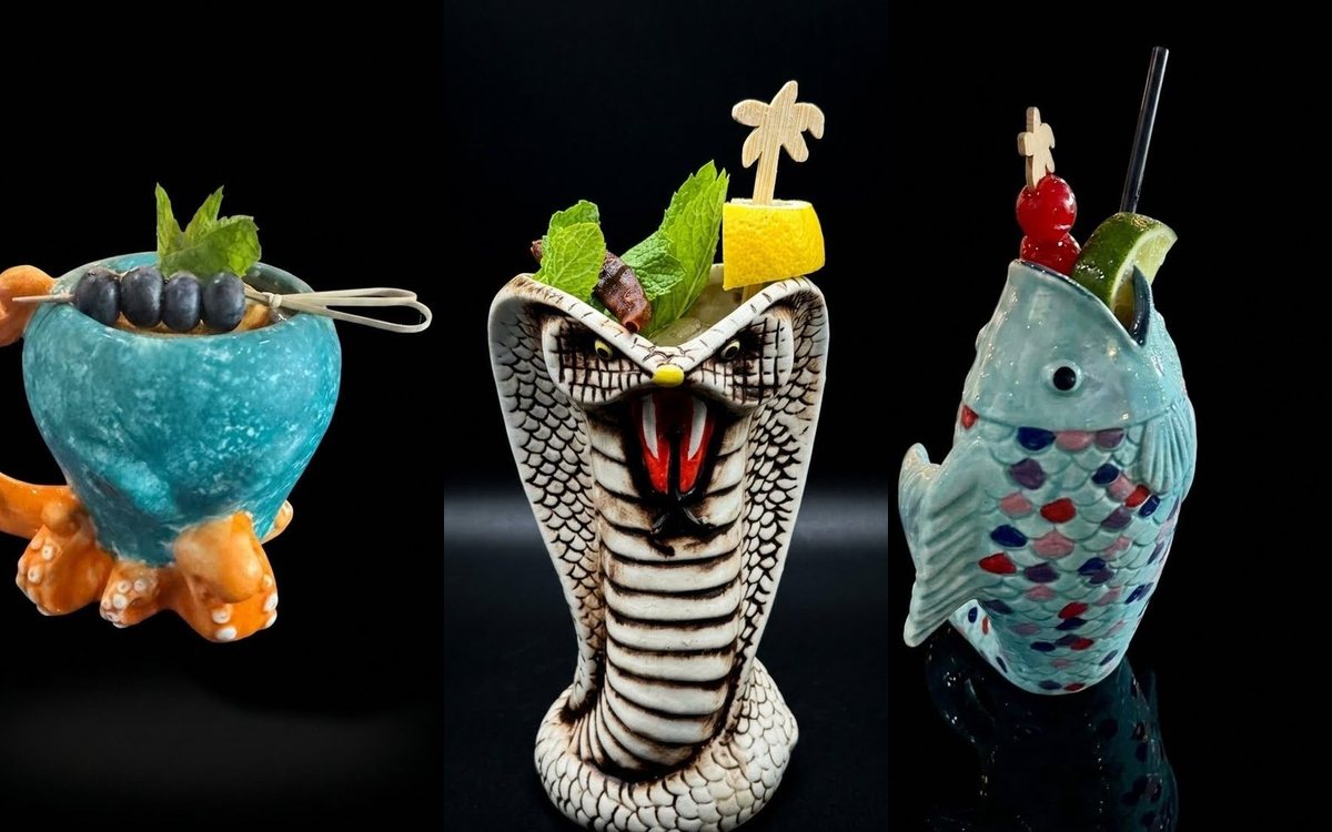 Three signature tiki-mug drinks at Playa Grande